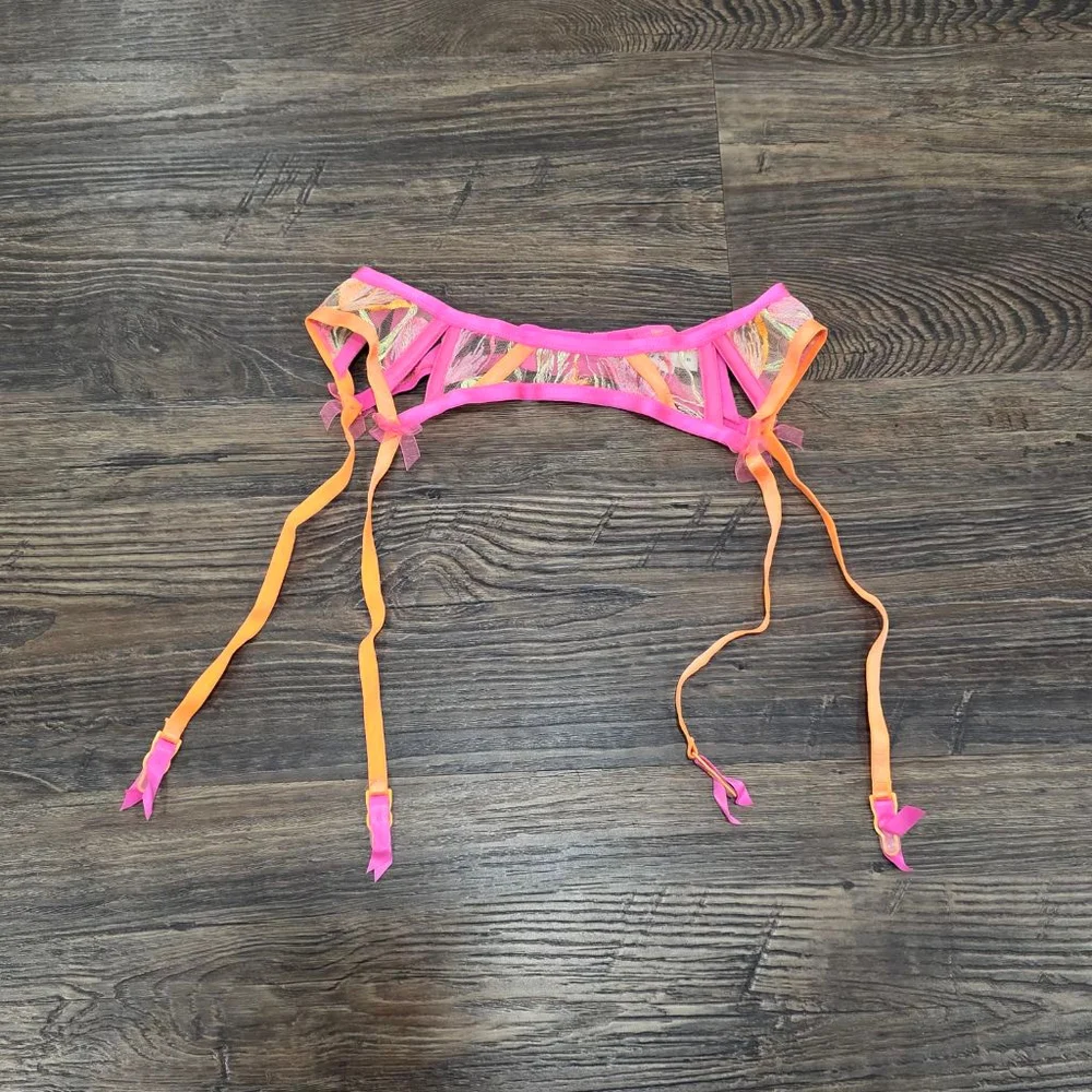 For Love & Lemons Neon Pink Orange Lace Garter Belt Size S New